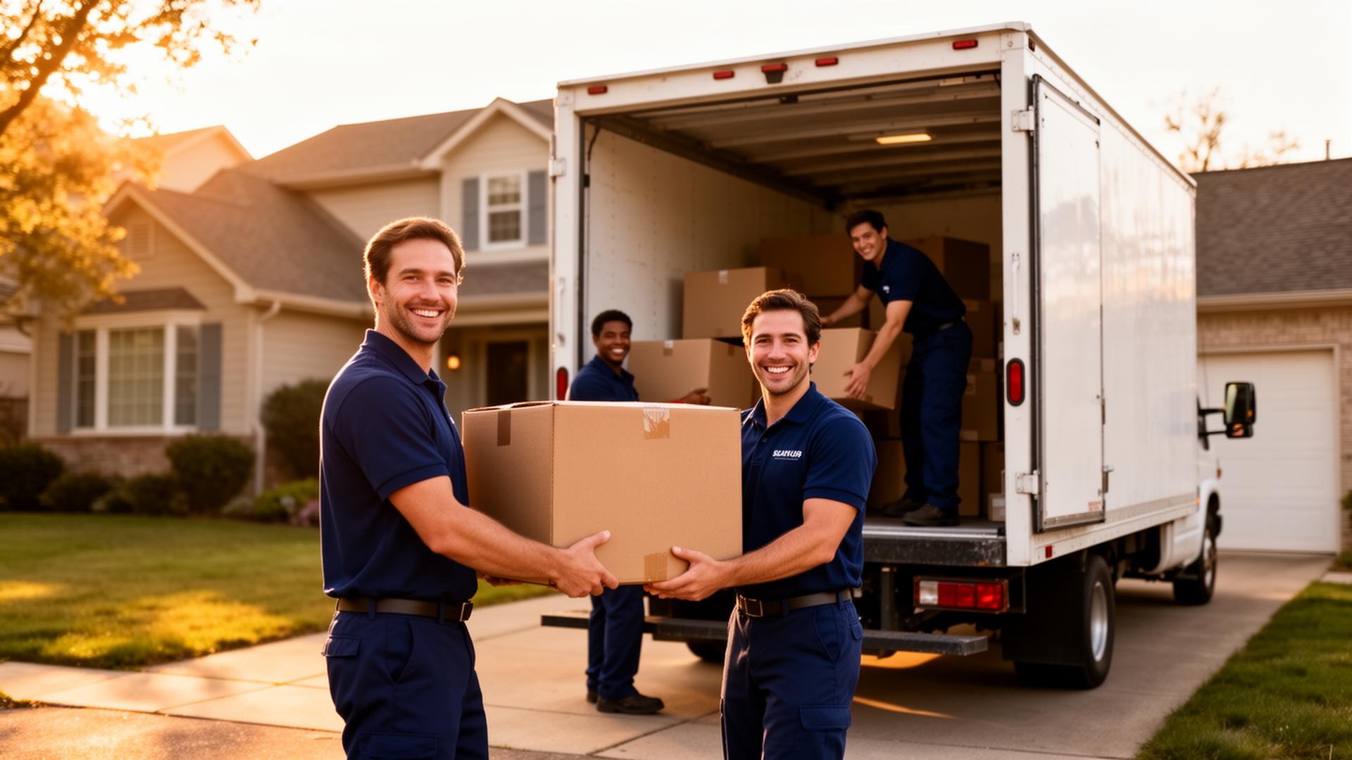 Friendly movers loading a moving truck